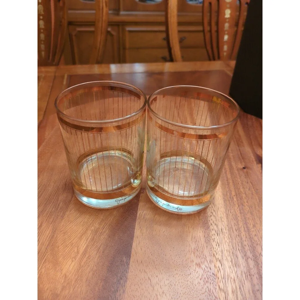 Georges Briard Signed Gold Plaid Double Old Fashioned Glasses Set 3